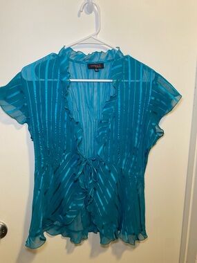 Notations Teal Sheer Ruffle Tie-Front Short Sleeve Blouse